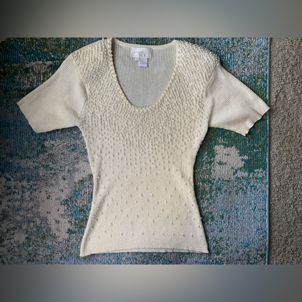 Vintage 90s Cache butter yellow pearl ribbed short sleeve sweater, size large
